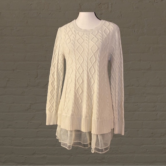 Military Hippie Tops - Military Hippie - cream cable knit tunic sweater with layered chiffon peplum